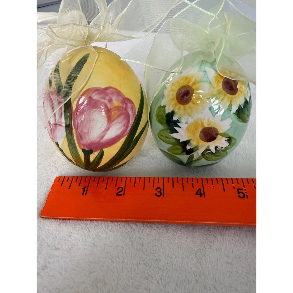 Vintage Set of 2‎ Floral Hand Painted Ceramic Egg Ornaments Sunflowers Tulips